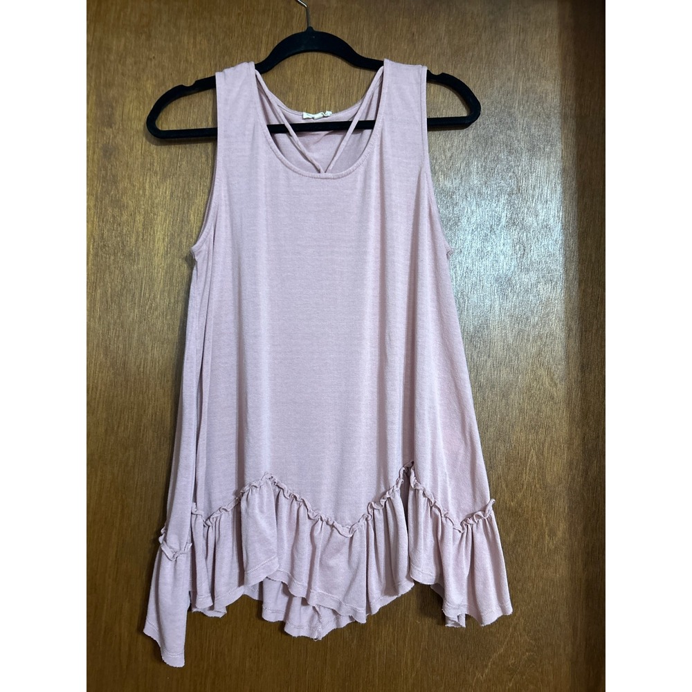 Blushing Heart Rose Pink Ruffle Hem Tank Top Strappy Neck Flowy Top Size L